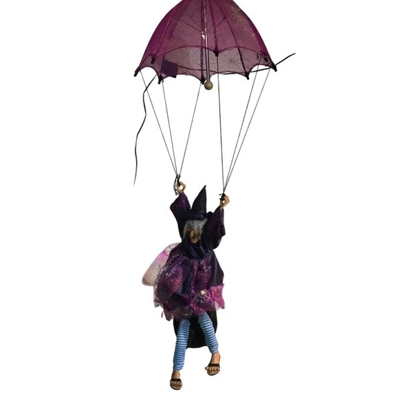 Flying Witch Animated Parachute Striped Legs Spider Web Dress Halloween Ganz ? - Picture 1 of 15